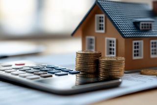 Foto: Kleines Häuschen mit Taschenrechner und Münzen